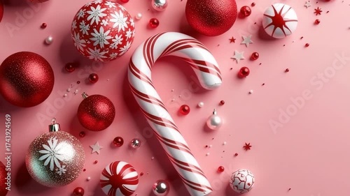 Festive candy cane surrounded by vibrant red and white Christmas ornaments, showcasing a delightful holiday scene with a playful arrangement of decorations
