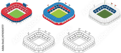 Isometric stadium vector set, sports arena illustration, football or soccer field design, colorful and outline versions, 3D view, architecture concept for events