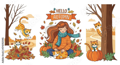 Hello Autumn Vector Set with Cats, Girl, and Fall Elements