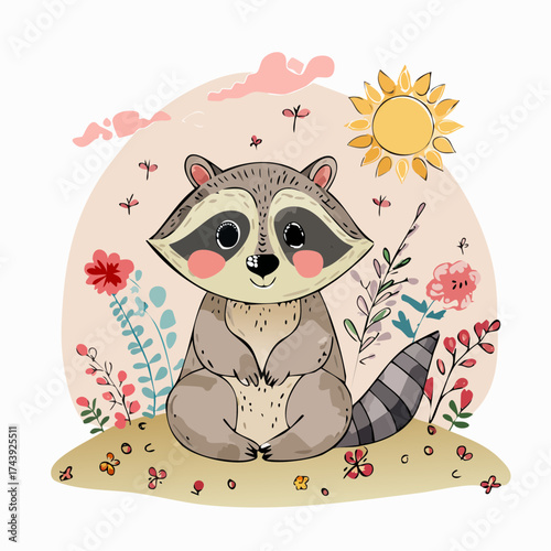 Ein niedliches Waschbär-Junges sitzt neugierig auf einer sonnendurchfluteten Sommerwiese