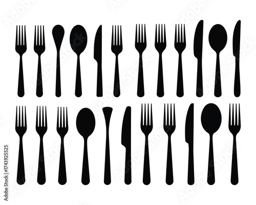 Black silhouette of forks spoons and knives arranged in two rows knife cutlery
