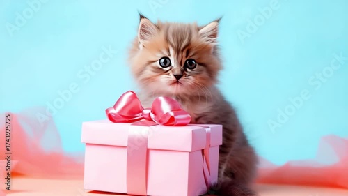 Adorable fluffy kitten with bright blue eyes sits atop a pink gift box adorned with a shiny ribbon, capturing the festive spirit of Christmas in a playful scene