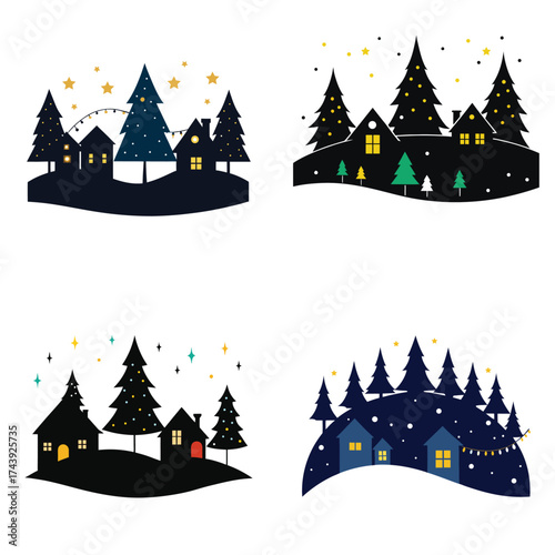 Christmas Village Silhouette Scene with Trees and Stars