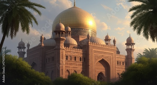 Wallpaper Mural Golden domed mosque surrounded by lush greenery and palm trees Torontodigital.ca