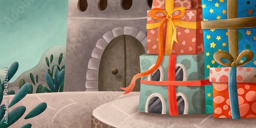 Colorful gift box with ribbons stacked on stone table near castle door with plants in background for holiday shopping and black friday sale