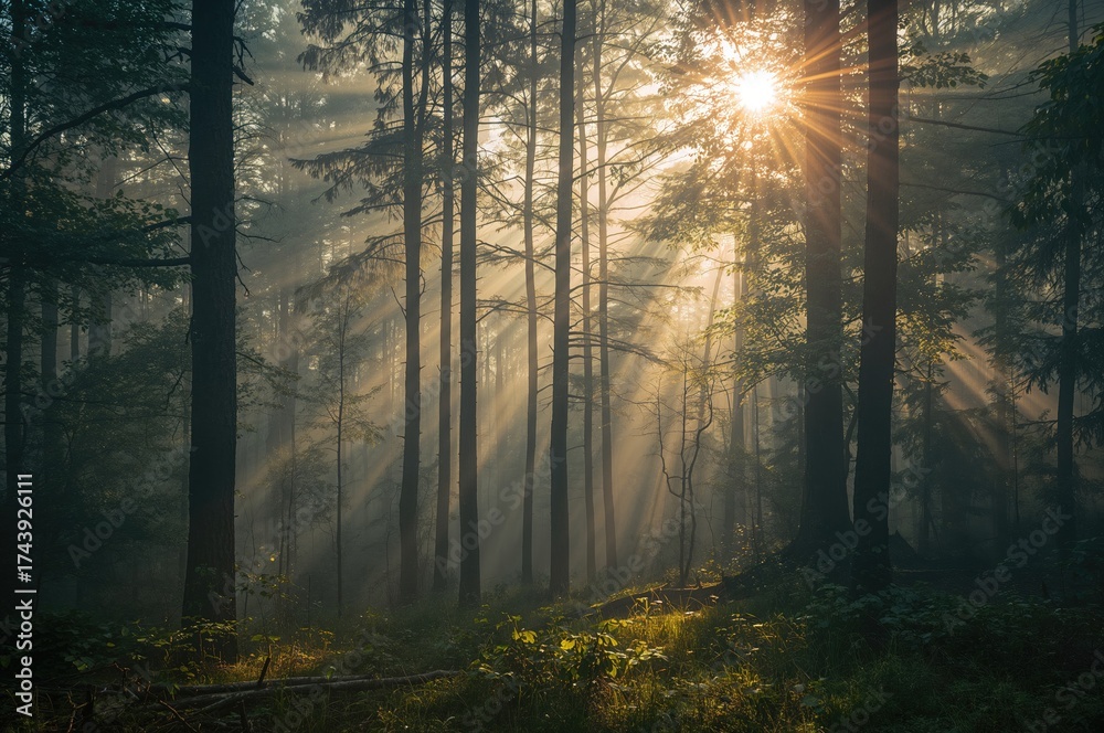 Fototapeta premium Sunlight streaming through misty woodland in a classic retro style