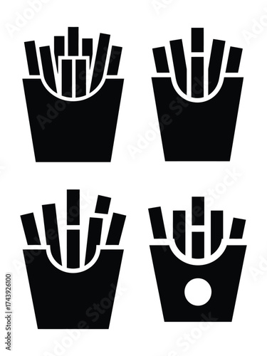Four black french fry icons on white background french fries