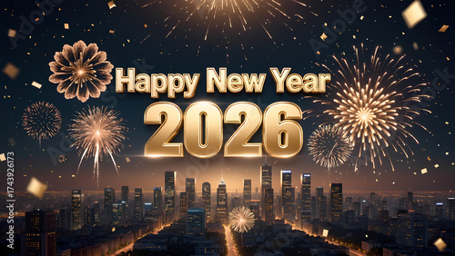 2026 Happy New Year greeting card. Banner with 2026 gold numbers with shining particles, glow light effect and glitter texture