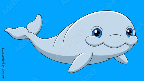 Cartoon beluga whale with a friendly smile on blue backdrop