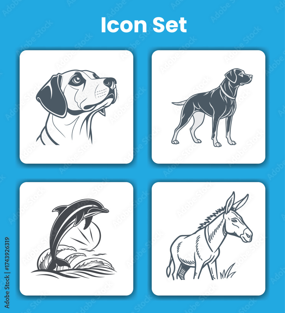 Obraz premium Vector art of icon set featuring a dog, a dolphin, and a donkey