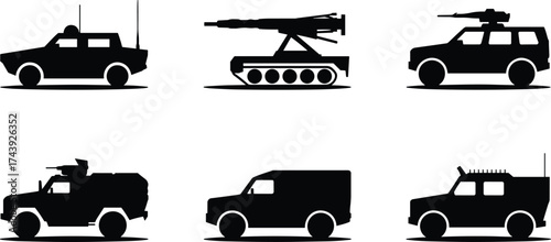 Military vehicle silhouettes collection, army transportation icons set, armored cars and missile launcher, combat truck design, flat vector illustration, defense and war equipment, isolated