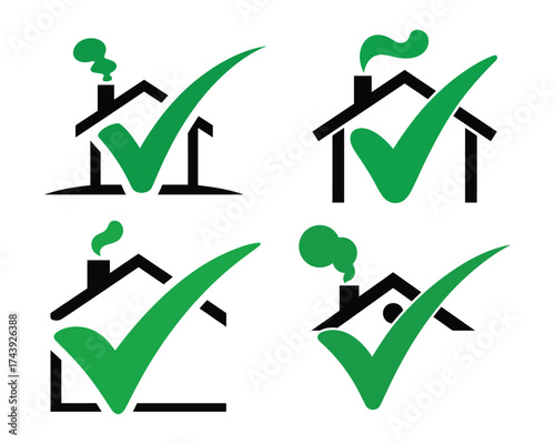 Four black house icons with green checkmarks and smoke home tick