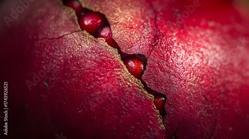 Close up shot of a ripe pomegranate fruit bursting open revealing its seeds