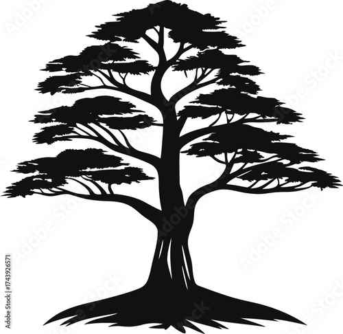 Silhouette of a tall evergreen tree with full branches