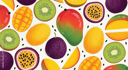 Vibrant Tropical Fruits Assortment: Mangoes, Kiwis, and Passion Fruits Pattern