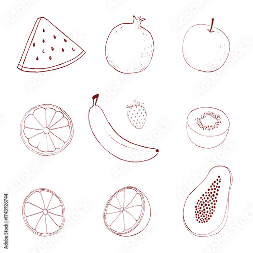 banana papaya apple orange kiwi strawberry watermelon grapefruit hand drawn illustration set