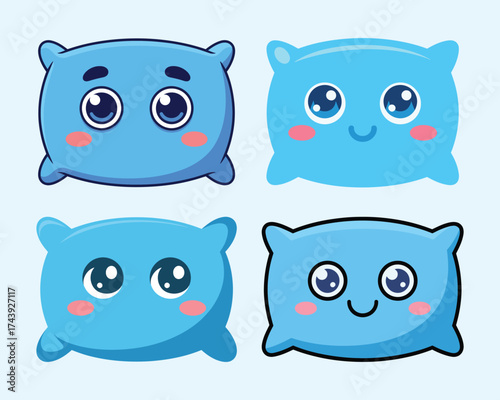 Four blue cartoon pillows with cute faces and blush kawaii