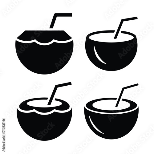 Four black silhouette icons of coconuts with straws drink beverage