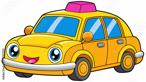 Happy Cartoon Yellow Taxi Car with Big Eyes