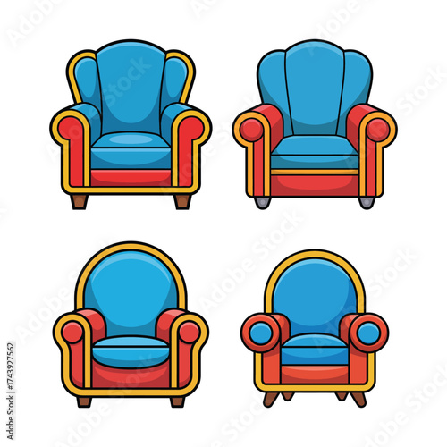 Four cartoon armchairs with blue seats and red trim furniture interior