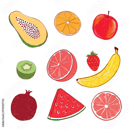 banana papaya apple orange kiwi strawberry watermelon grapefruit hand drawn illustration set