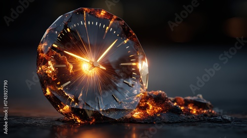 Shattered Crystal Clock with Fiery Glow and Dramatic Reflection