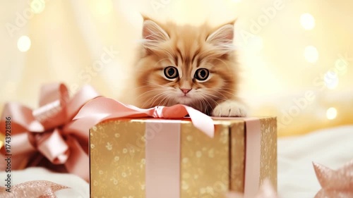 Playful ginger kitten curiously peeking over a beautifully wrapped gift box adorned with a pink ribbon, creating a charming and festive atmosphere of joy and wonder