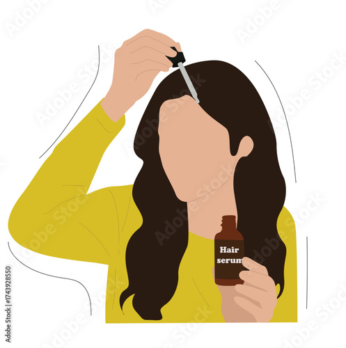 woman using hair serum. Girl with long hair holding bottle and pipette with serum,