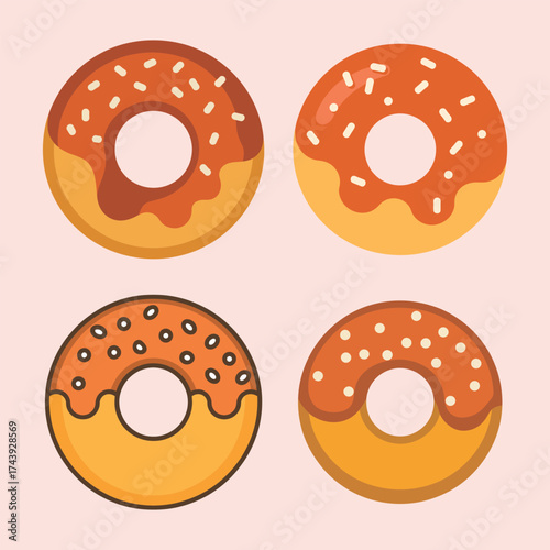 Four cartoon donuts with orange frosting and sprinkles on pink background doughnut doughnuts