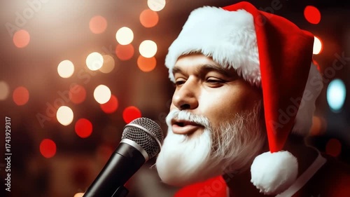 Joyful Santa Claus singing into a microphone, surrounded by festive bokeh lights, capturing the spirit of Christmas celebration and holiday cheer in a lively atmosphere