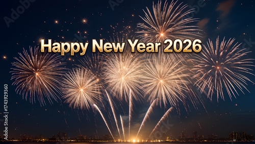 2026 Happy New Year greeting card. Banner with 2026 gold numbers with shining particles, glow light effect and glitter texture