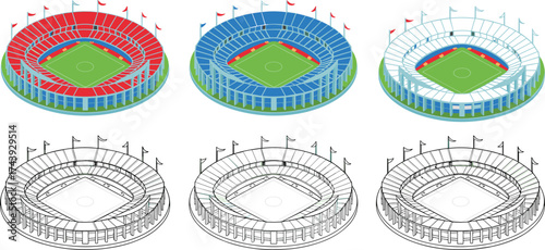 Modern football stadium isometric illustration set, colorful and outline sports arena icons, soccer field 3D vector design, architecture construction concept, game venue design