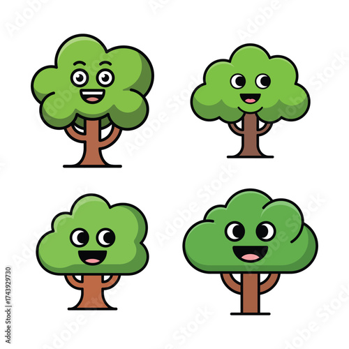 Four cartoon trees with happy faces and green foliage vector