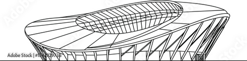 Modern stadium architecture, futuristic arena design, oval roof structure, open-air venue, curved supports, transparent segments, line drawing, minimal style, urban infrastructure,