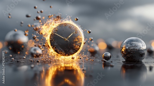 Fiery Clock Surrounded by Metallic Spheres on Dark Background