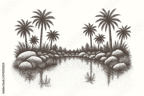 Vintage engraving of tropical oasis with palm trees and calm water surrounded by sand dunes.