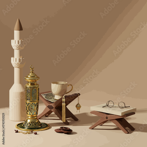 Ramadan Still Life: Minaret, Lantern, Quran, Coffee Cup, Book, and Glasses