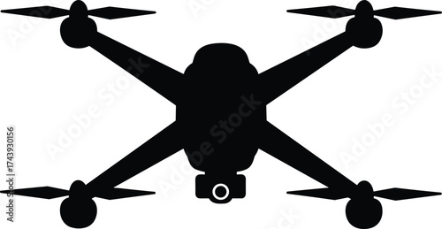 Quadcopter drone silhouette, aerial photography device, four rotor UAV, top view, camera mount, black vector icon, surveillance drone, flying technology, unmanned aircraft