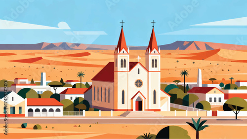 Illustration Of The German Style Christuskirche Church With A Vast Desert Background Vector Design Template