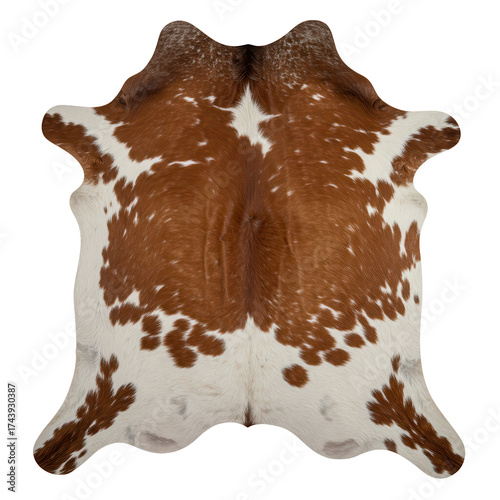 Natural bovine animal skin rug with spotted brown and white fur pattern. isolated PNG with Transparent Background