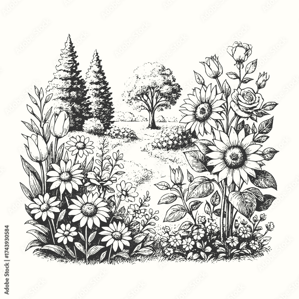 Fototapeta premium Engraving of a beautiful flower garden with trees and a small path leading through nature.