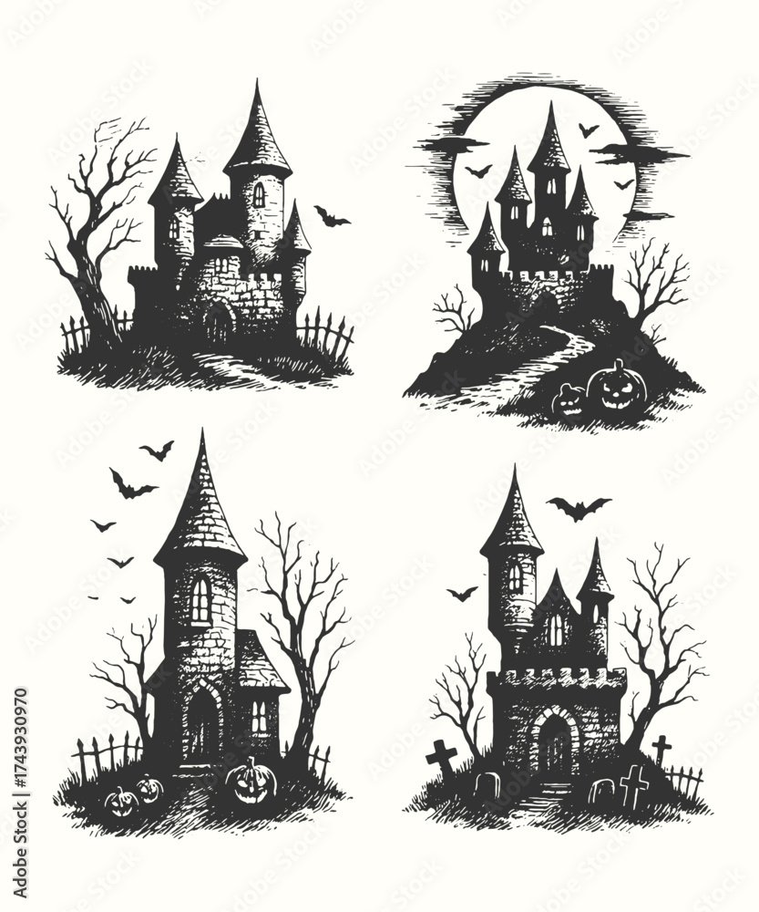 Fototapeta premium Vintage engraving of a spooky castle under the moonlight with bare trees and bats flying around.