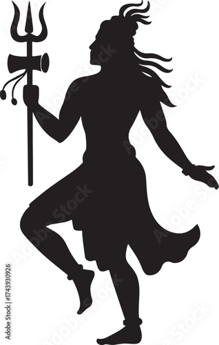 Silhouette of Lord Shiva Dancing with Trident and Damaru in Black and White