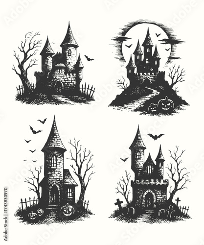Vintage engraving of a spooky castle under the moonlight with bare trees and bats flying around.