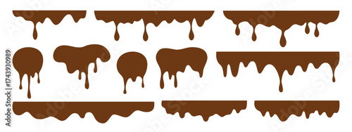 Set of dripping chocolate shapes in a simple, flat design. Collection of various melting liquid borders, drips, and splashes, perfect for dessert or candy-themed graphics