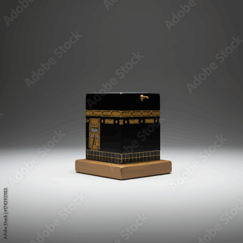 Miniature Kaaba Model with Intricate Gold Embellishments on Wooden Base