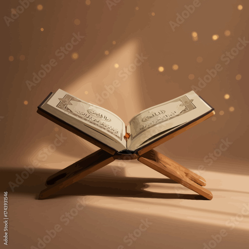Open Quran on Wooden Stand with Arabic Script and Warm Lighting