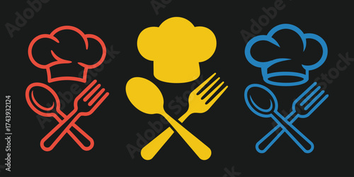 Three chef hats with crossed spoons and forks in red yellow blue cooking food