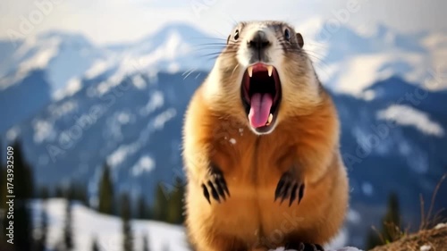 Close-up of a marmot displaying a fierce expression, showcasing its teeth, while surrounded by a stunning mountainous landscape, capturing the essence of wildlife in action