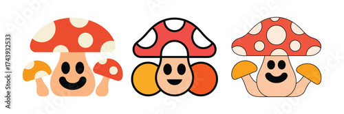 Three cute cartoon mushrooms with smiling faces and polka dots vector